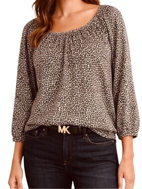 Michael Kors Women's Leopard Print Peasant Top Size L 3/4 Sleeve Casual
